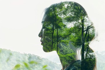 Double exposure image of a woman's head overlaid with a serene forest landscape, symbolizing inner peace and reflection
