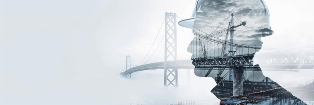 Double exposure of an engineer and a bridge under construction in gray With copy space