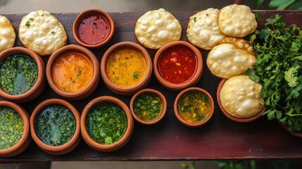 Colorful Display of Pani Puris with Various Flavors