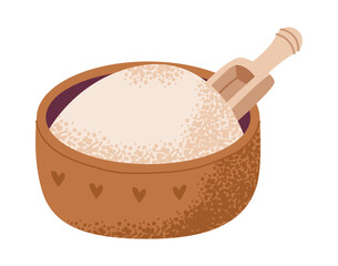 Cup with flour and spatula isolated on white background. Baking ingredient. Flat illustration