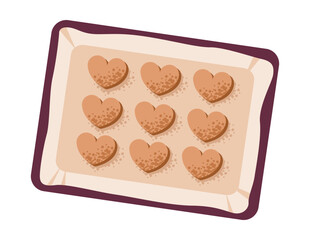 Heart shaped cookies on a baking sheet. Baking tray with homemade baked goods. Flat illustration