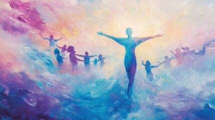 A serene artwork featuring a kind figure with an inviting smile, embracing joyful individuals against a backdrop of a soft, pastel-colored sky filled with light.