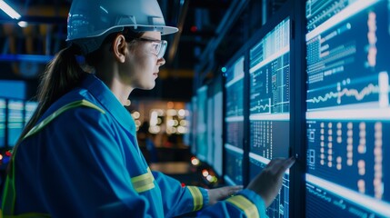 Engineer monitoring data on large screens in a control room.