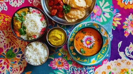 Colorful Thali Meal with Assorted Curries and Sides