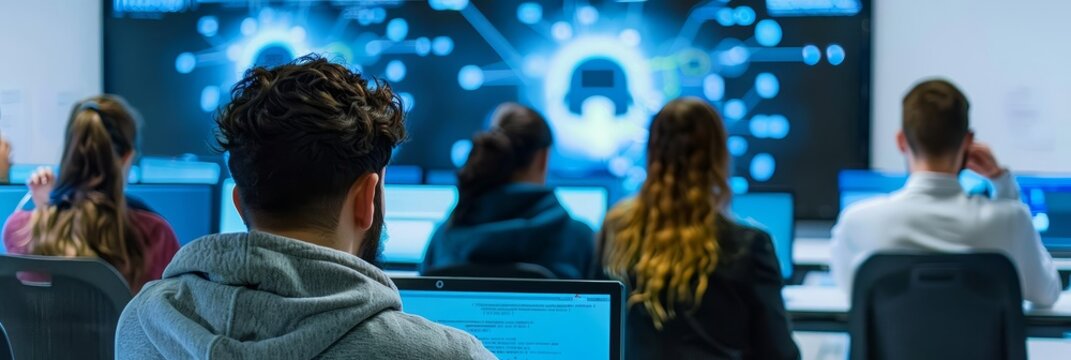 Ethical hacking course with students learning to identify and mitigate security vulnerabilities through practical exercises with copy space