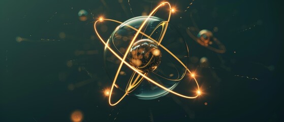 Glowing orbits swirl around a glass sphere, symbolizing atomic energy with radiant orange trails against a deep green backdrop.