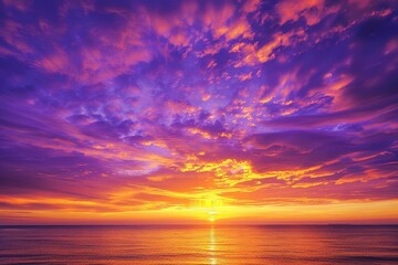 Fototapeta premium Fantasy vibrant panoramic sunset sky with purple, orange, and yellow hues over the sea, creating an ethereal and uplifting scene