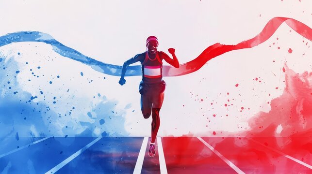 Silhouette of a runner breaking through a finish line with red and blue ribbon.