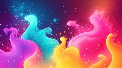 A vibrant abstract design featuring colorful swirls and sparkles against a dark background.