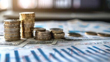 Stacks of gold coins on financial charts, representing wealth and success.