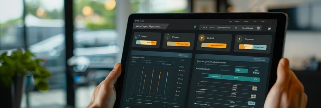 Fleet management system on a tablet, displaying vehicle locations, maintenance schedules, and performance metrics with copy space