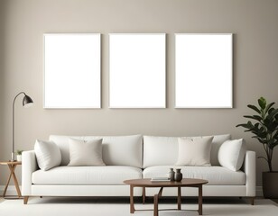 Fototapeta premium A minimalist living room with a white sofa, a wooden coffee table, and three blank white frames on the wall.