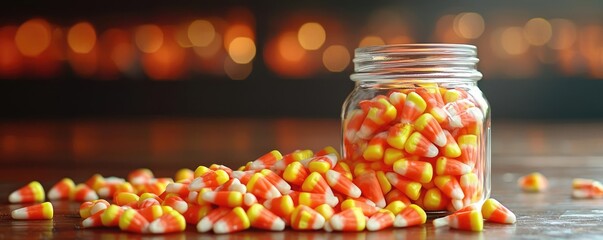 Colorful candy corn spilled from a jar, creating a festive and sweet atmosphere, perfect for Halloween celebrations.
