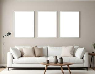 A minimalist living room with a white sofa, a wooden coffee table, and three blank white frames on the wall.