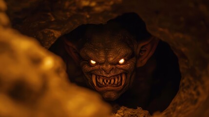 Fototapeta premium A scary monster with glowing eyes peeks out from a cave.