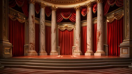 Obraz premium Grand stage with red curtains and marble columns.