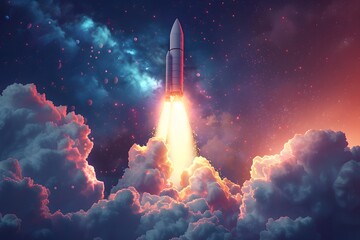 A Stunning Rocket Launch Amidst Colorful Clouds and Cosmic Background