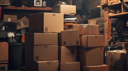 Organized Warehouse with Stacked Cardboard Boxes and Packages for Efficient Storage and Logistics