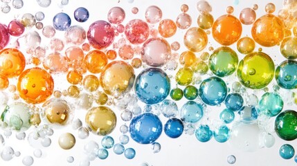 A variety of colorful liquid bubbles suspended on a white surface