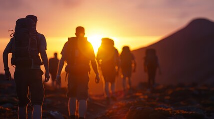 Obraz premium Silhouettes of hikers walking towards sunset on a mountain trail.