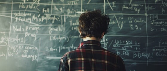 A student stands before a chalk-covered board filled with complex equations, lost in thought and the pursuit of knowledge.