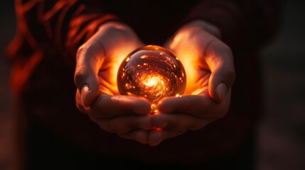 Close-up of hands holding a glowing orb, symbolizing power, knowledge, or potential.