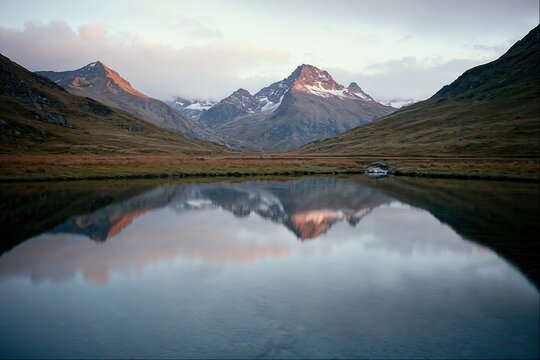 Tranquil Mountain Reflection at Dusk in Serene Alpine Landscape