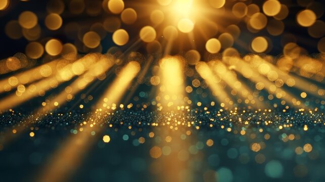 Abstract gold bokeh background with light rays.