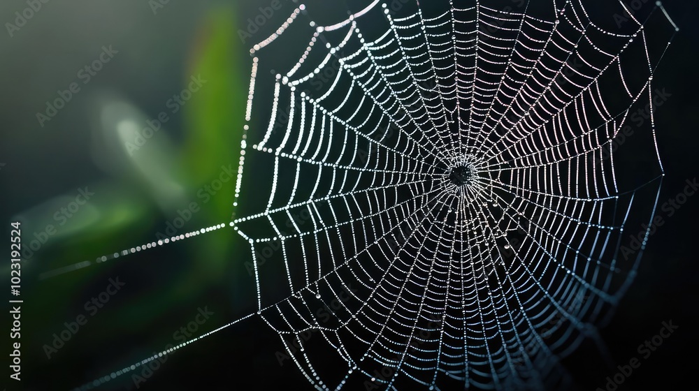 Poster Close-up of a delicate spider web glistening with droplets of water, showcasing intricate patterns against a blurred background.
