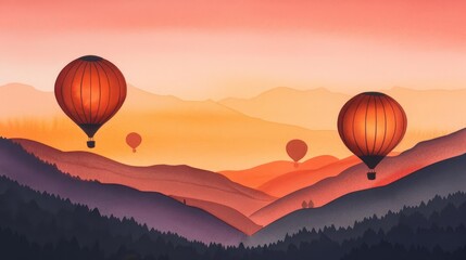 Four hot air balloons fly over a mountain range at sunset.