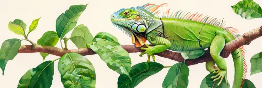 Green iguana perched on a tree branch, vibrant colors and textures.
