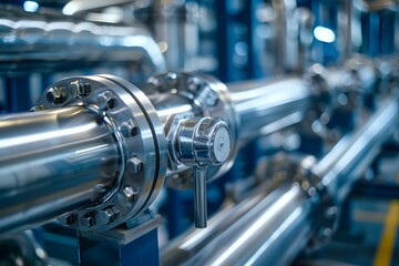 Obraz premium Industrial Pipe System with Polished Stainless Steel Valves and Fittings