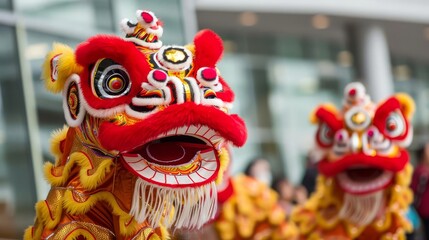 Two traditional Chinese lion dancers perform in a vibrant display of color and culture.