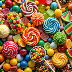 The candies come in various shapes, colors, and textures, including gummy bears, lollipops, chocolates, and hard candies. The bright and vivid colors create a cheerful, celebratory atmosphere, with a 