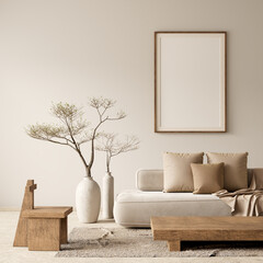 Mock up poster frame in boho style decorated livinig room. Modern, authentic Interior design of living room with wooden furnitures. 3D illustration © Salih