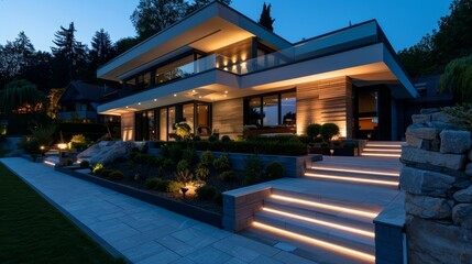 Modern luxury house with illuminated exterior at night.