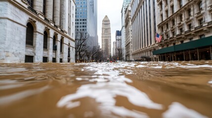 Fototapeta premium Flooded urban street scene, reflecting buildings in water, showcasing the impact of extreme weather events.