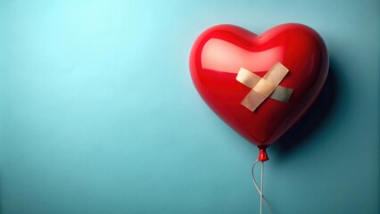Red heart-shaped balloon fixed with bandaids symbolizing a broken heart remedy , healing, love, heartache, recovery, repair