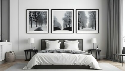A black and white landscape with three framed photographs depicting a tree-lined path in winter.