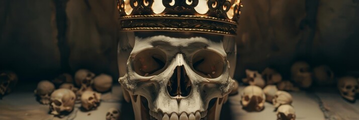 Obraz premium Close-up of a human skull wearing a crown, surrounded by other skulls.