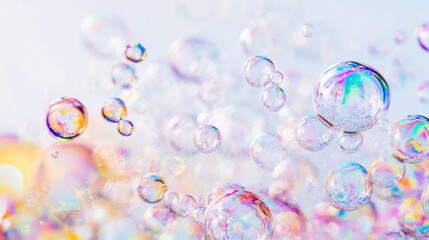 Naklejka premium Bright, iridescent liquid bubbles suspended against a plain white background