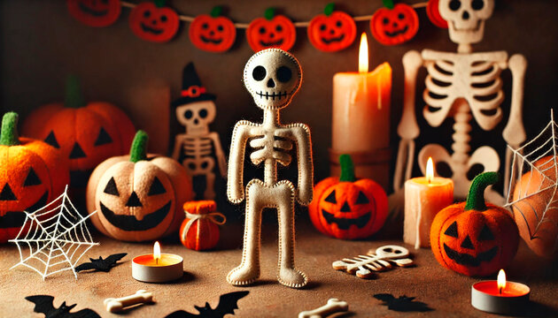 A wide Halloween scene featuring a skeleton made of soft felt material. The skeleton is crafted with a playful, handcrafted appearance, standing.
