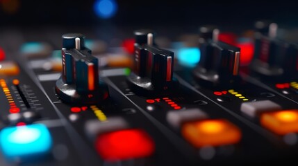 Close-up of a sound mixer with colorful lights and faders.