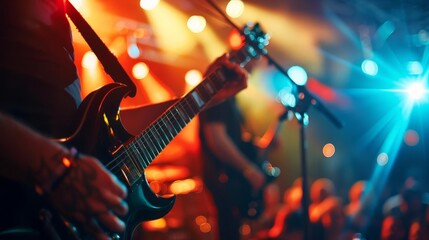 Fototapeta premium Guitarist performing on stage at a concert with bright lights.