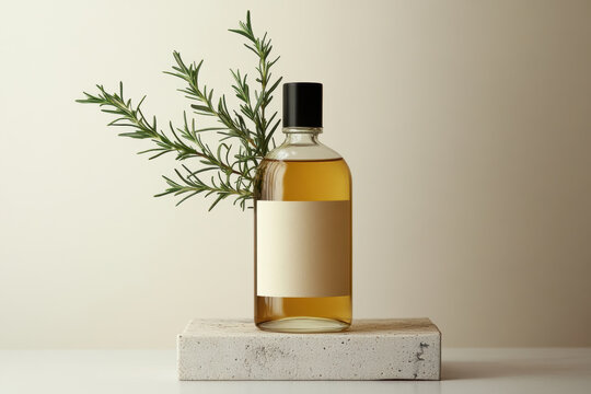 product packaging, a chic design highlights a rosemary oil bottle on a simple white background with a hint of greenery, exuding elegance