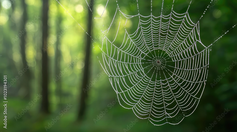 Aufkleber a delicate spider web glistens in the sunlight, showcasing intricate patterns against a serene fores