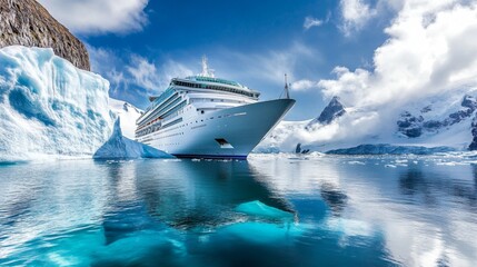 Naklejka premium Cruise Ship Sailing Past an Iceberg and Mountains in Antarctica