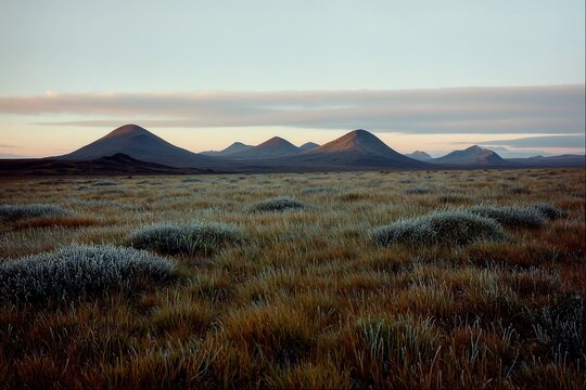 Tranquil Mountain Landscape at Dusk with Wild Grasses and Soft Horizon