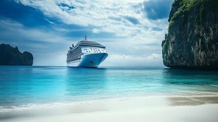 Obraz premium Cruise Ship Navigating Calm Turquoise Waters Near Tropical Islands