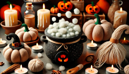 A wide Halloween scene featuring a cauldron made of soft felt material. The felt cauldron is bubbling with a whimsical, handcrafted appearance, surrou.
